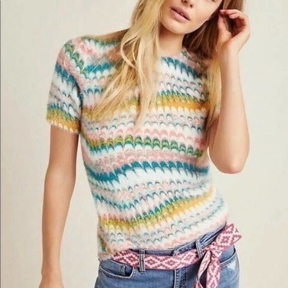 Anthro ✨ Fuzzy Short Sleeve Marbled Sweater